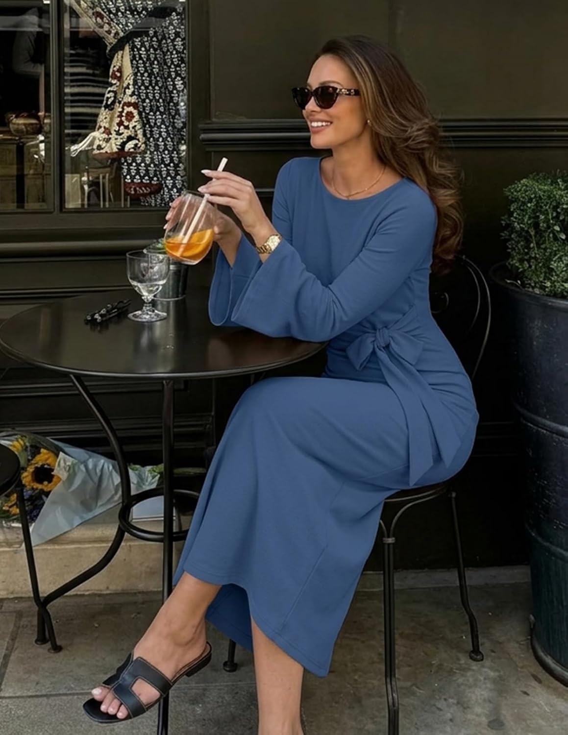 image:imageMEROKEETY Womens Fall Long Sleeve Midi Dress Tie Waist Boat Neck Back Slit Ruched Elegant Wedding Guest Cocktail DressesDustyblue
