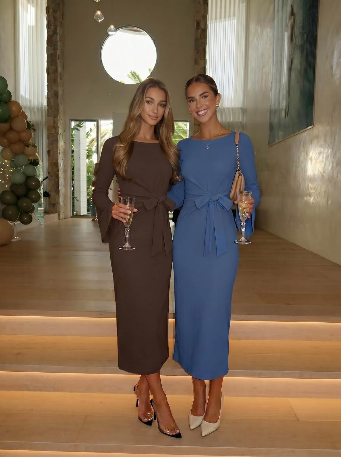 image:imageMEROKEETY Womens Fall Long Sleeve Midi Dress Tie Waist Boat Neck Back Slit Ruched Elegant Wedding Guest Cocktail DressesDustyblue