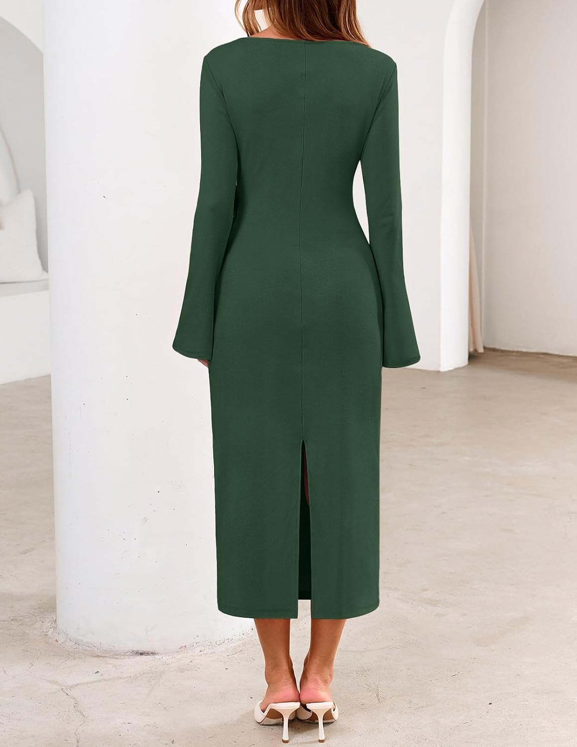 image:imageMEROKEETY Womens Fall Long Sleeve Midi Dress Tie Waist Boat Neck Back Slit Ruched Elegant Wedding Guest Cocktail DressesGreen