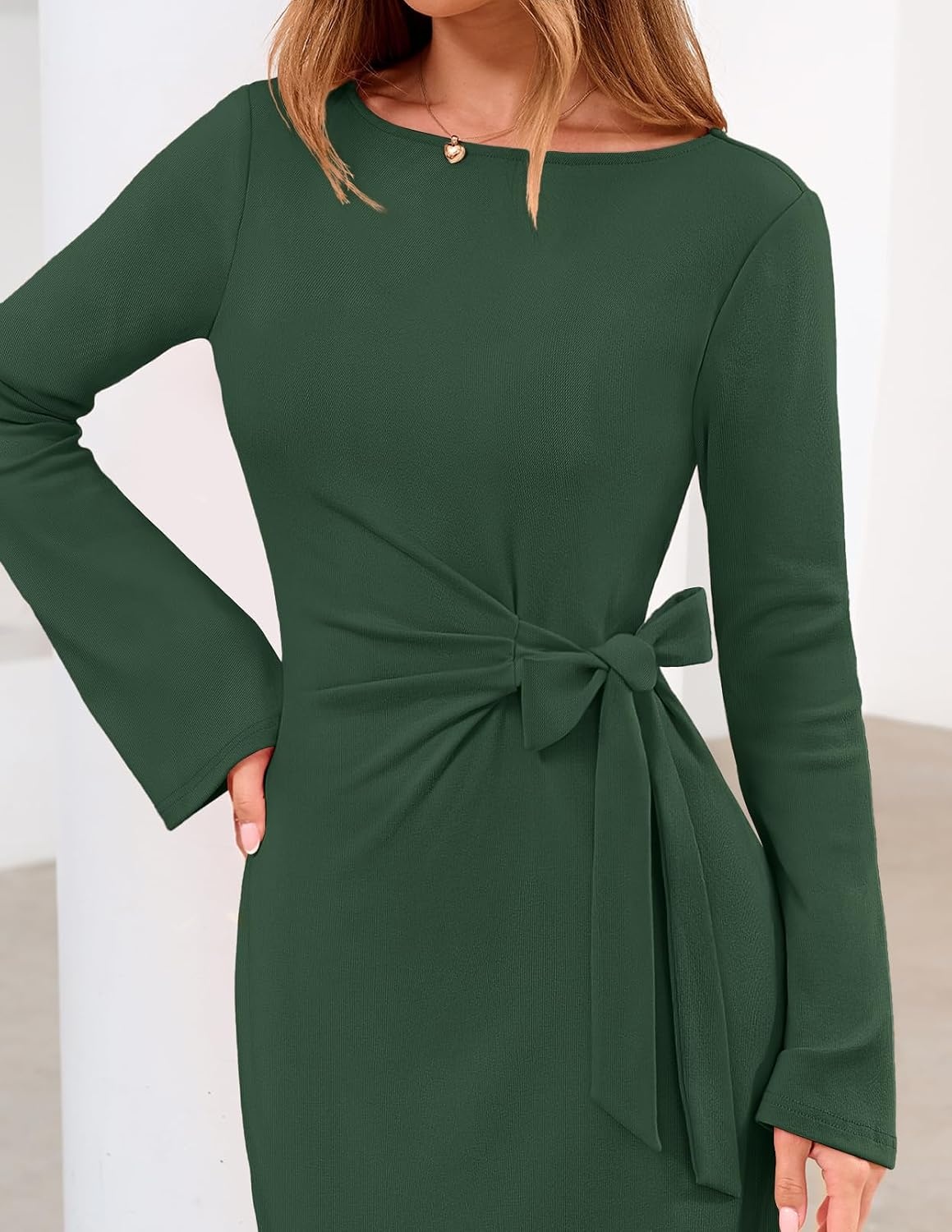 image:imageMEROKEETY Womens Fall Long Sleeve Midi Dress Tie Waist Boat Neck Back Slit Ruched Elegant Wedding Guest Cocktail DressesGreen