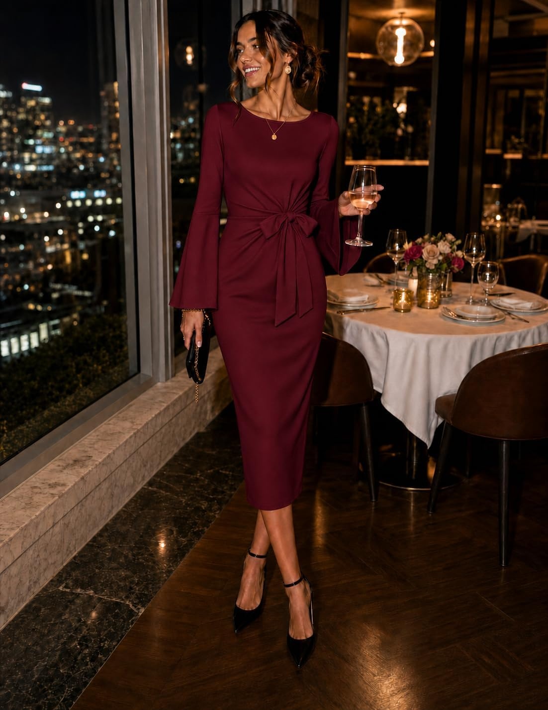 image:imageMEROKEETY Womens Fall Long Sleeve Midi Dress Tie Waist Boat Neck Back Slit Ruched Elegant Wedding Guest Cocktail DressesWine