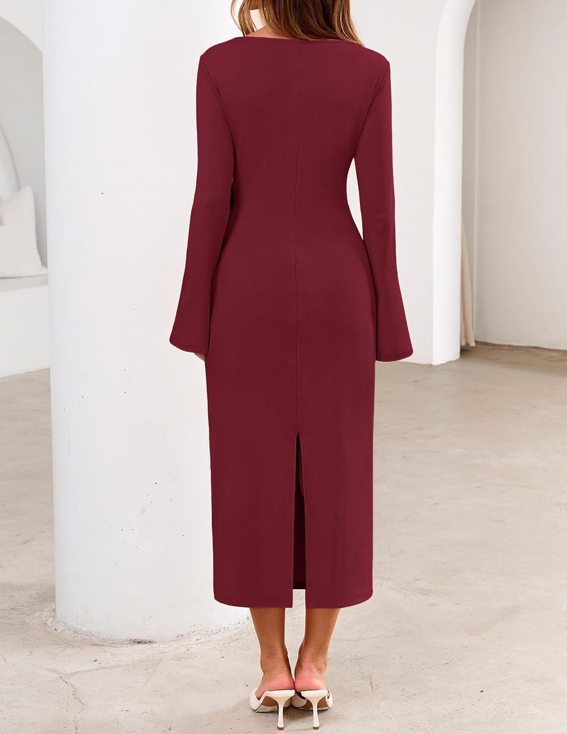 image:imageMEROKEETY Womens Fall Long Sleeve Midi Dress Tie Waist Boat Neck Back Slit Ruched Elegant Wedding Guest Cocktail DressesWine