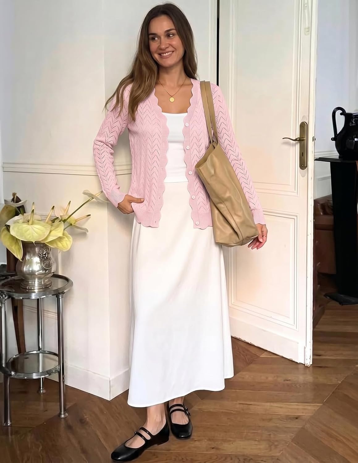 image:imageMEROKEETY Womens Fall Long Sleeve Open Front Cardigan Sweaters Button Up Scalloped V Neck Crochet Cardigan Hollow Out Lightweight Dressy Trendy Loose Fit Knit Jumper Sweater TopPink