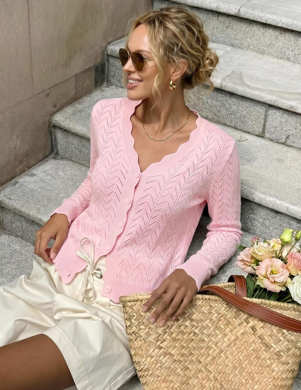 image:imageMEROKEETY Womens Fall Long Sleeve Open Front Cardigan Sweaters Button Up Scalloped V Neck Crochet Cardigan Hollow Out Lightweight Dressy Trendy Loose Fit Knit Jumper Sweater TopPink
