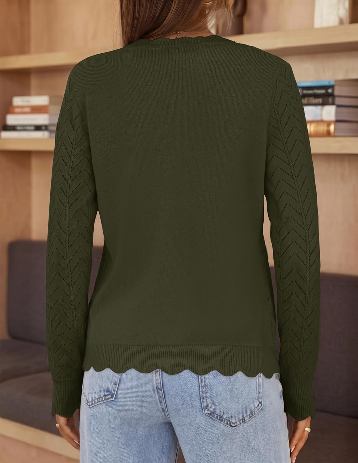 image:imageMEROKEETY Womens Fall Long Sleeve Open Front Cardigan Sweaters Button Up Scalloped V Neck Crochet Cardigan Hollow Out Lightweight Dressy Trendy Loose Fit Knit Jumper Sweater TopArmy