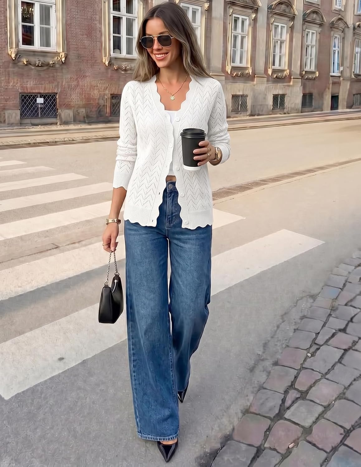 image:imageMEROKEETY Womens Fall Long Sleeve Open Front Cardigan Sweaters Button Up Scalloped V Neck Crochet Cardigan Hollow Out Lightweight Dressy Trendy Loose Fit Knit Jumper Sweater TopWhite