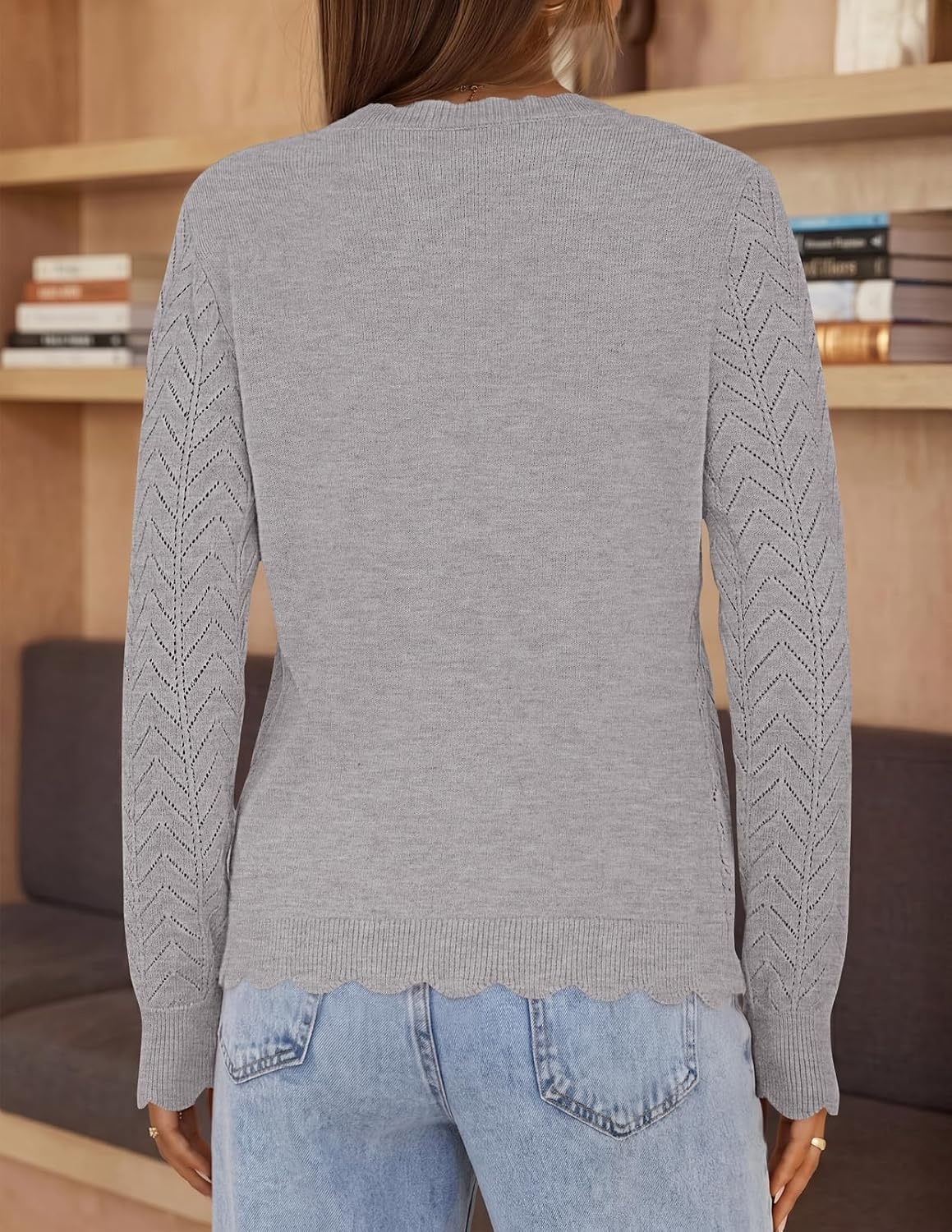 image:imageMEROKEETY Womens Fall Long Sleeve Open Front Cardigan Sweaters Button Up Scalloped V Neck Crochet Cardigan Hollow Out Lightweight Dressy Trendy Loose Fit Knit Jumper Sweater TopGray