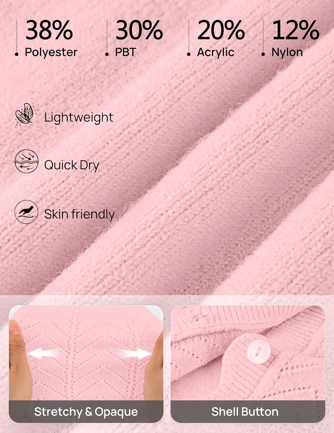 image:imageMEROKEETY Womens Fall Long Sleeve Open Front Cardigan Sweaters Button Up Scalloped V Neck Crochet Cardigan Hollow Out Lightweight Dressy Trendy Loose Fit Knit Jumper Sweater TopPink