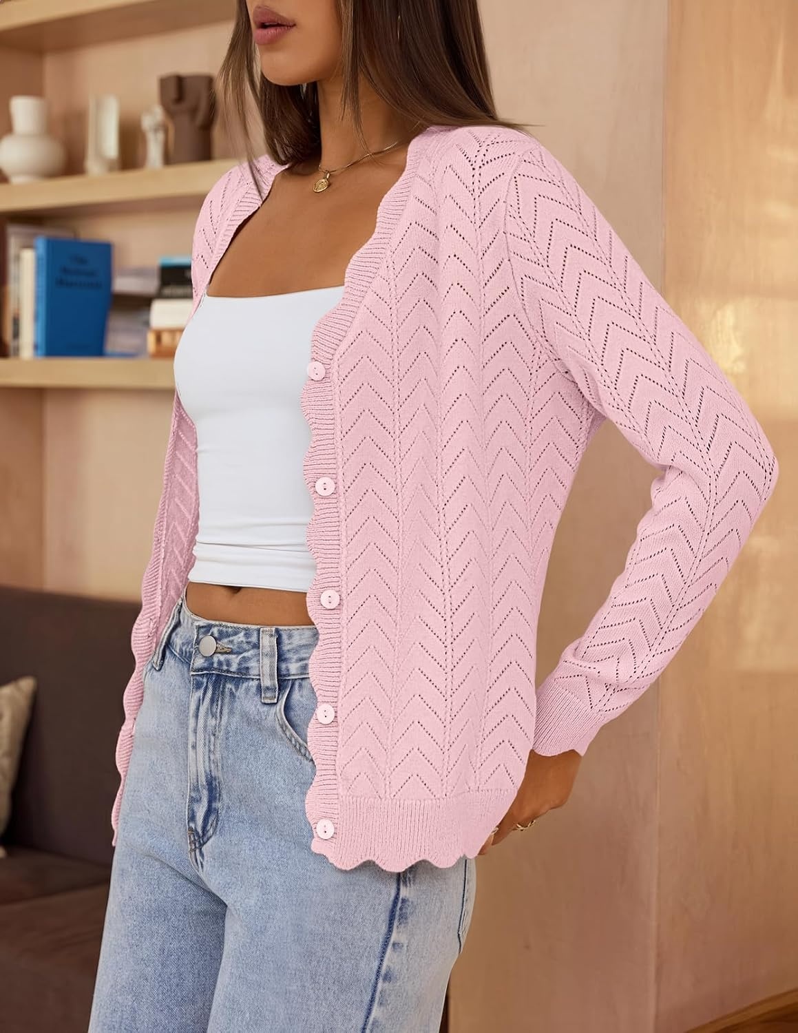 image:imageMEROKEETY Womens Fall Long Sleeve Open Front Cardigan Sweaters Button Up Scalloped V Neck Crochet Cardigan Hollow Out Lightweight Dressy Trendy Loose Fit Knit Jumper Sweater TopPink