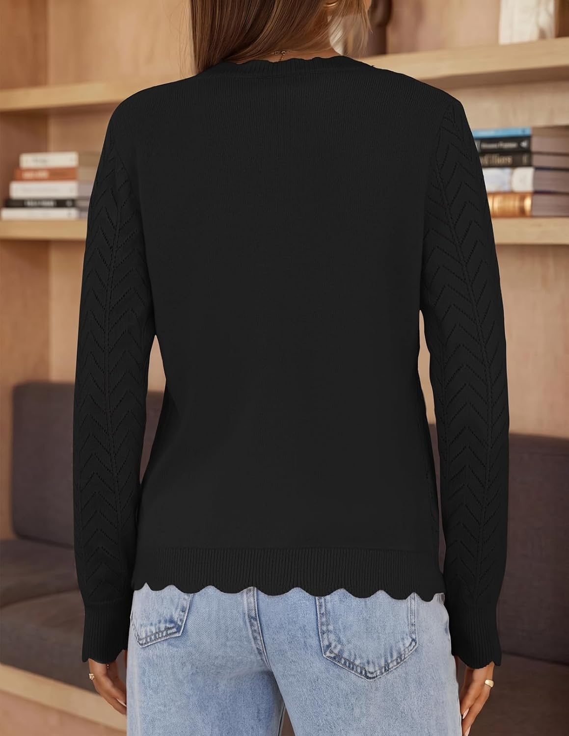 image:imageMEROKEETY Womens Fall Long Sleeve Open Front Cardigan Sweaters Button Up Scalloped V Neck Crochet Cardigan Hollow Out Lightweight Dressy Trendy Loose Fit Knit Jumper Sweater TopBlack