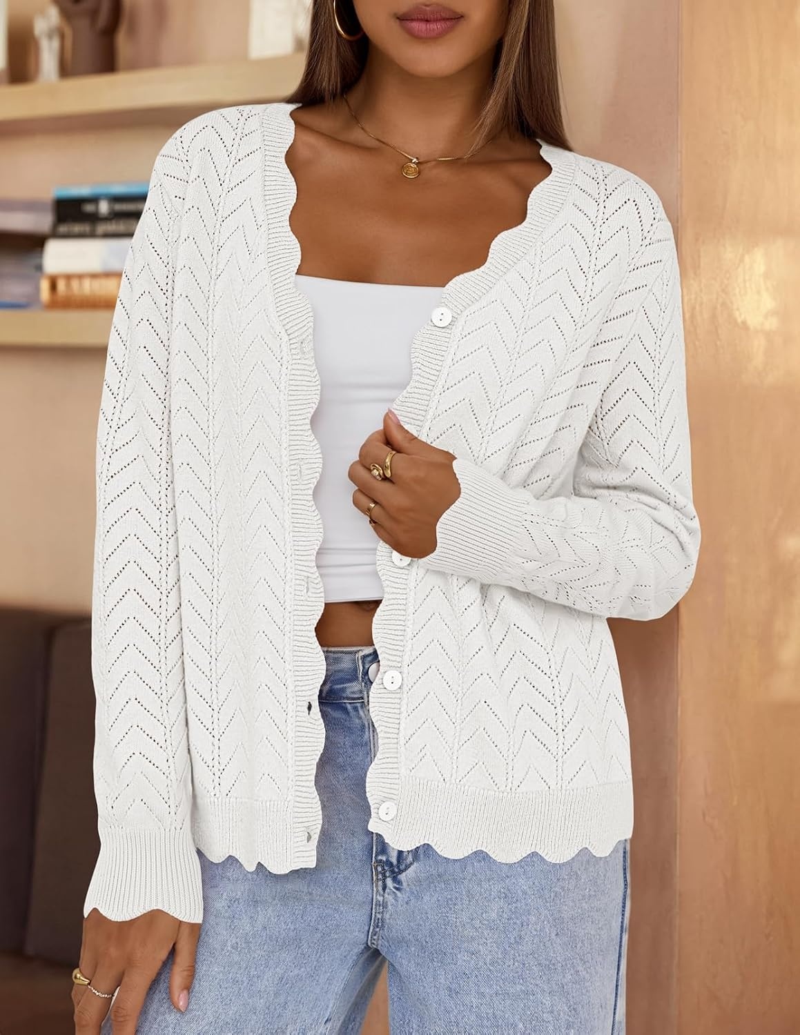image:imageMEROKEETY Womens Fall Long Sleeve Open Front Cardigan Sweaters Button Up Scalloped V Neck Crochet Cardigan Hollow Out Lightweight Dressy Trendy Loose Fit Knit Jumper Sweater TopWhite
