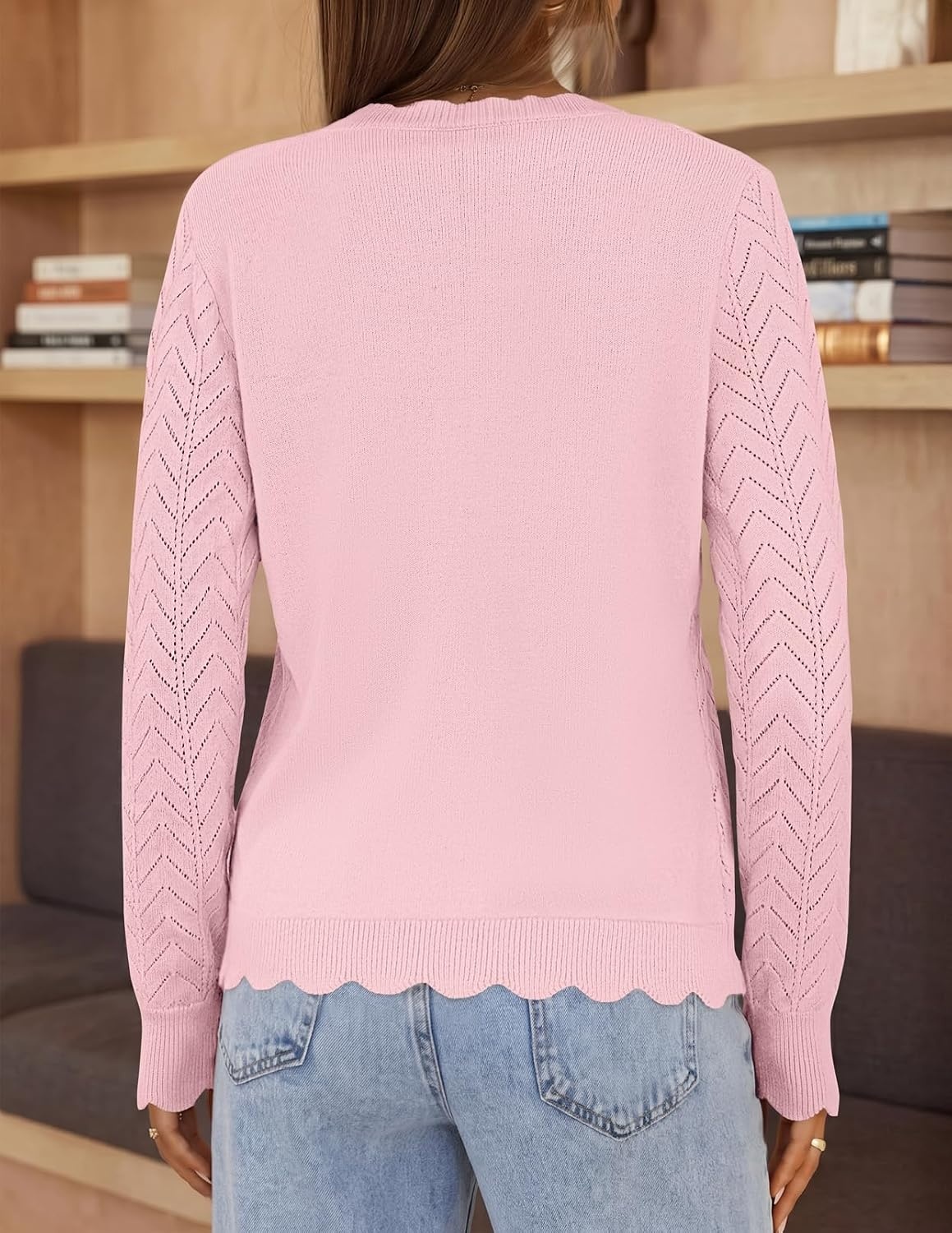 image:imageMEROKEETY Womens Fall Long Sleeve Open Front Cardigan Sweaters Button Up Scalloped V Neck Crochet Cardigan Hollow Out Lightweight Dressy Trendy Loose Fit Knit Jumper Sweater TopPink