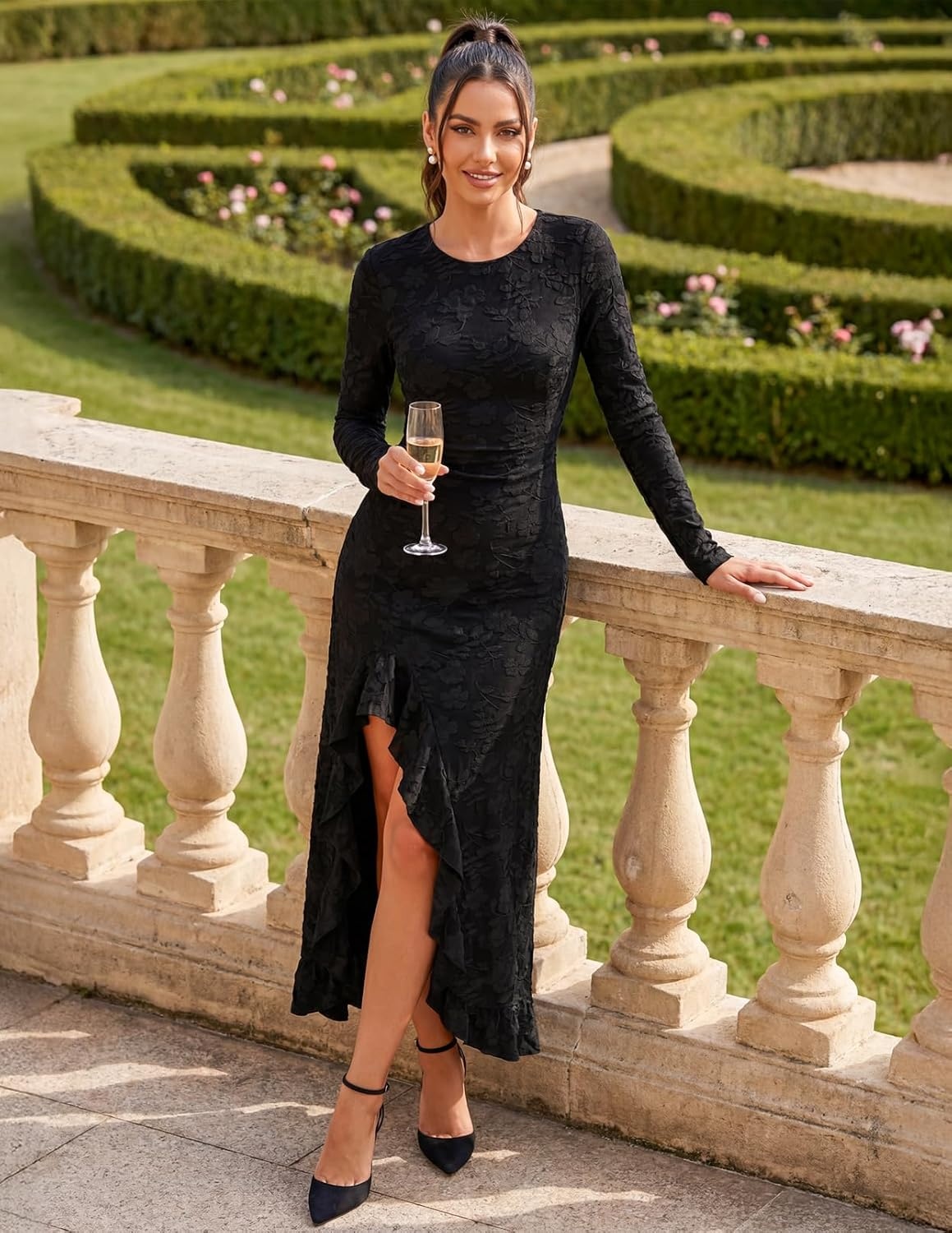 image:imageMEROKEETY Womens Fall Long Sleeve Wedding Guest Dress Formal Floral Ruffle Slit Ruched Bodycon Cocktail Party Maxi DressesBlack
