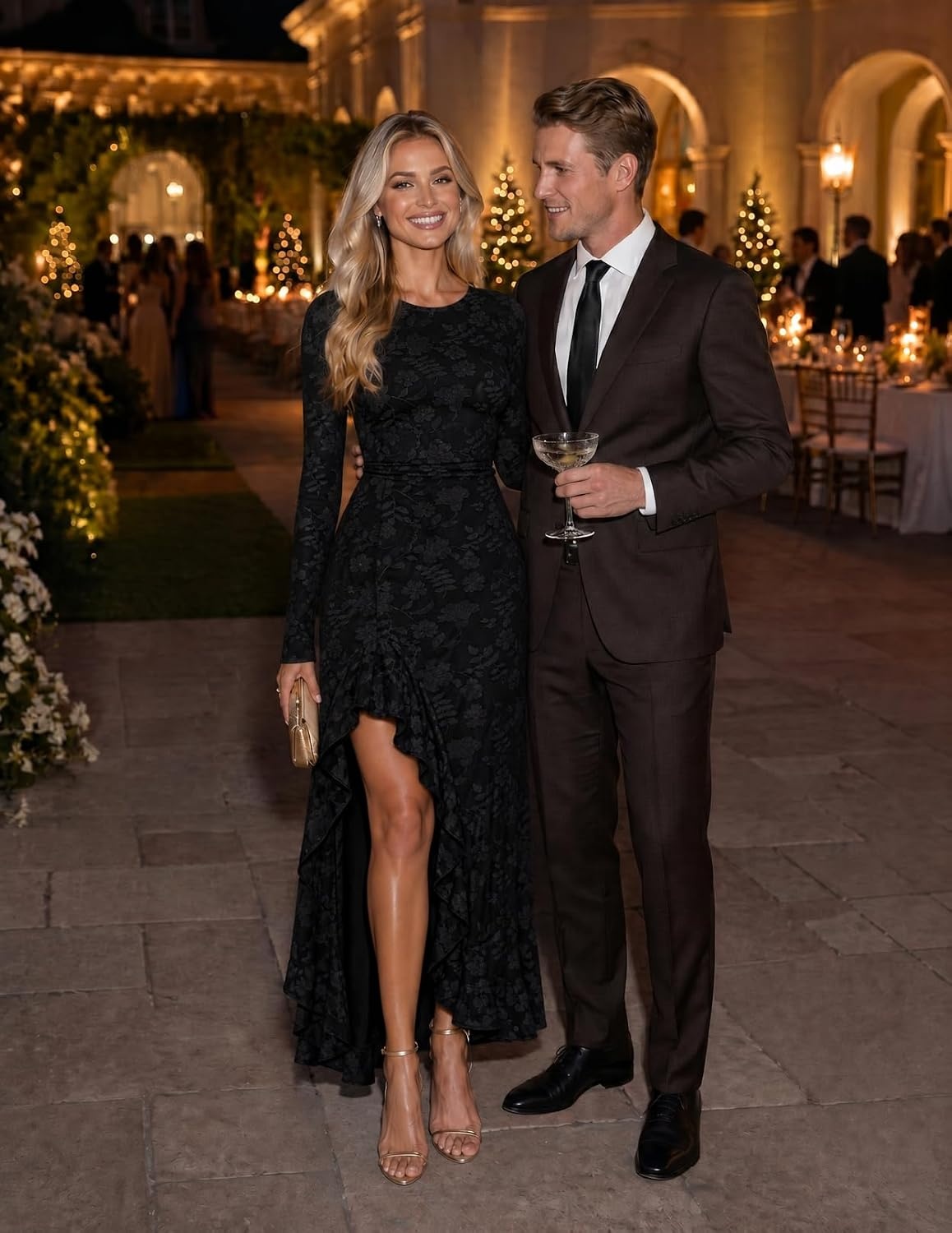 image:imageMEROKEETY Womens Fall Long Sleeve Wedding Guest Dress Formal Floral Ruffle Slit Ruched Bodycon Cocktail Party Maxi DressesBlack