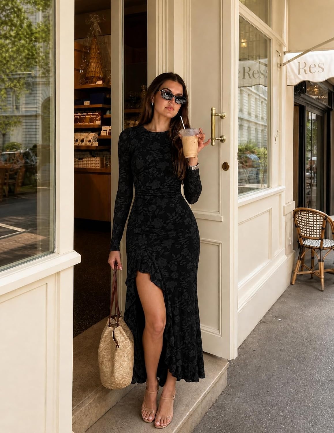 image:imageMEROKEETY Womens Fall Long Sleeve Wedding Guest Dress Formal Floral Ruffle Slit Ruched Bodycon Cocktail Party Maxi DressesBlack