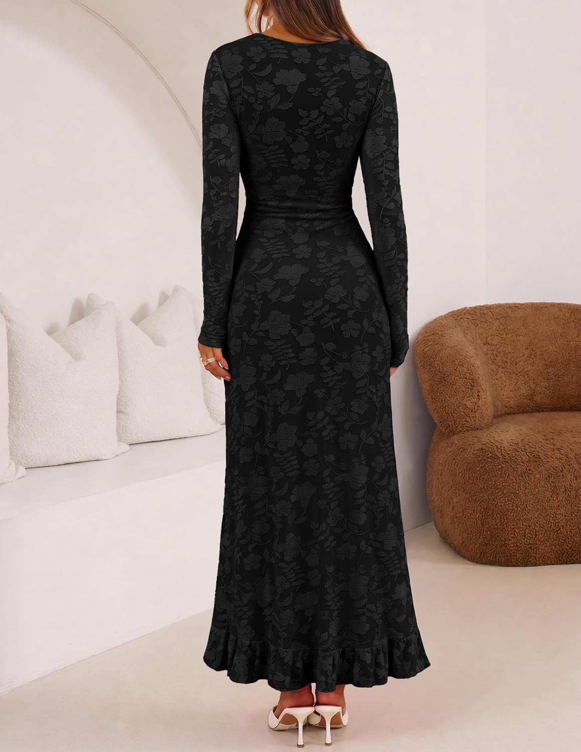 image:imageMEROKEETY Womens Fall Long Sleeve Wedding Guest Dress Formal Floral Ruffle Slit Ruched Bodycon Cocktail Party Maxi DressesBlack