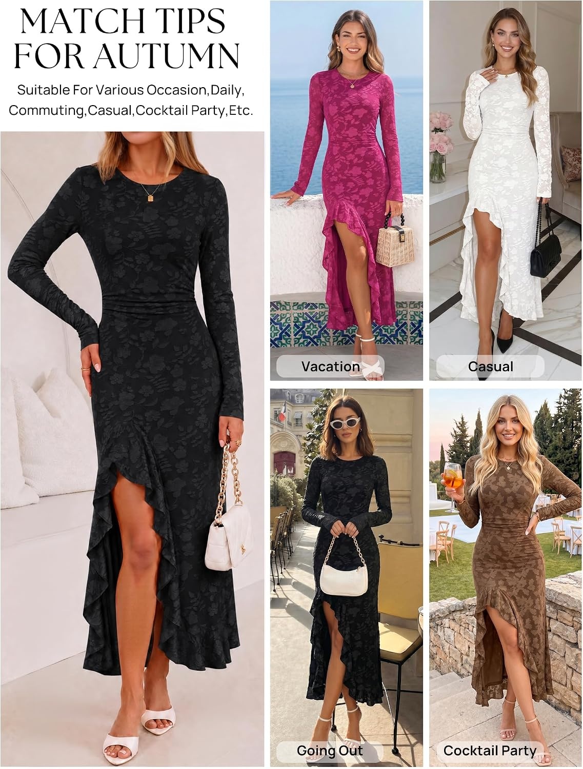 image:imageMEROKEETY Womens Fall Long Sleeve Wedding Guest Dress Formal Floral Ruffle Slit Ruched Bodycon Cocktail Party Maxi DressesBlack