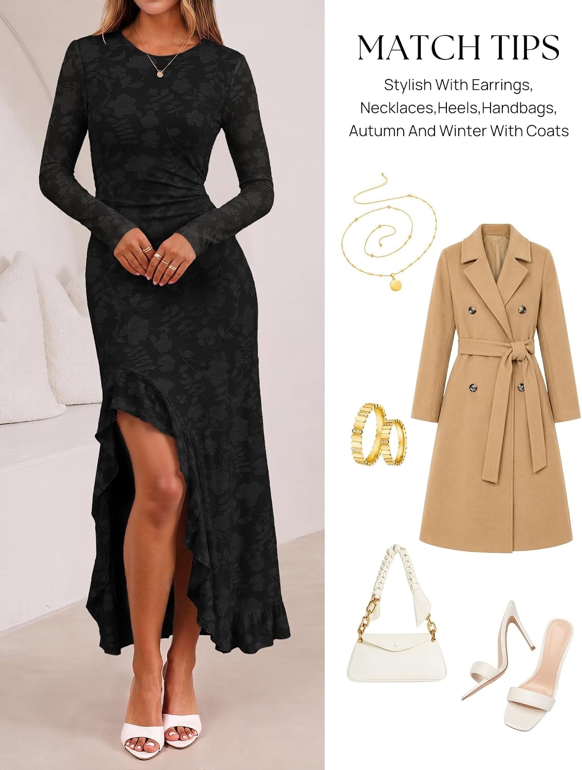 image:imageMEROKEETY Womens Fall Long Sleeve Wedding Guest Dress Formal Floral Ruffle Slit Ruched Bodycon Cocktail Party Maxi DressesBlack