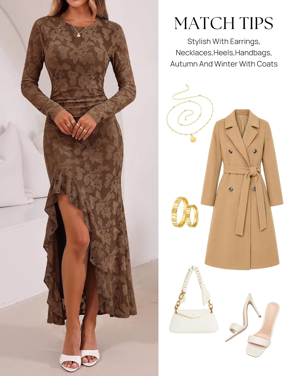 image:imageMEROKEETY Womens Fall Long Sleeve Wedding Guest Dress Formal Floral Ruffle Slit Ruched Bodycon Cocktail Party Maxi DressesBrown