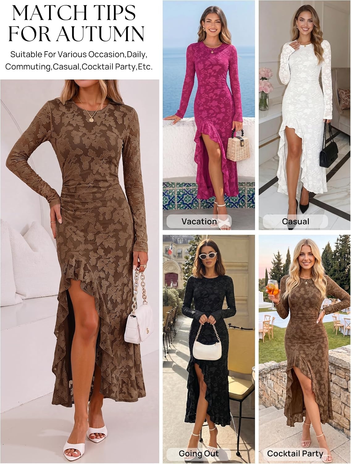 image:imageMEROKEETY Womens Fall Long Sleeve Wedding Guest Dress Formal Floral Ruffle Slit Ruched Bodycon Cocktail Party Maxi DressesBrown