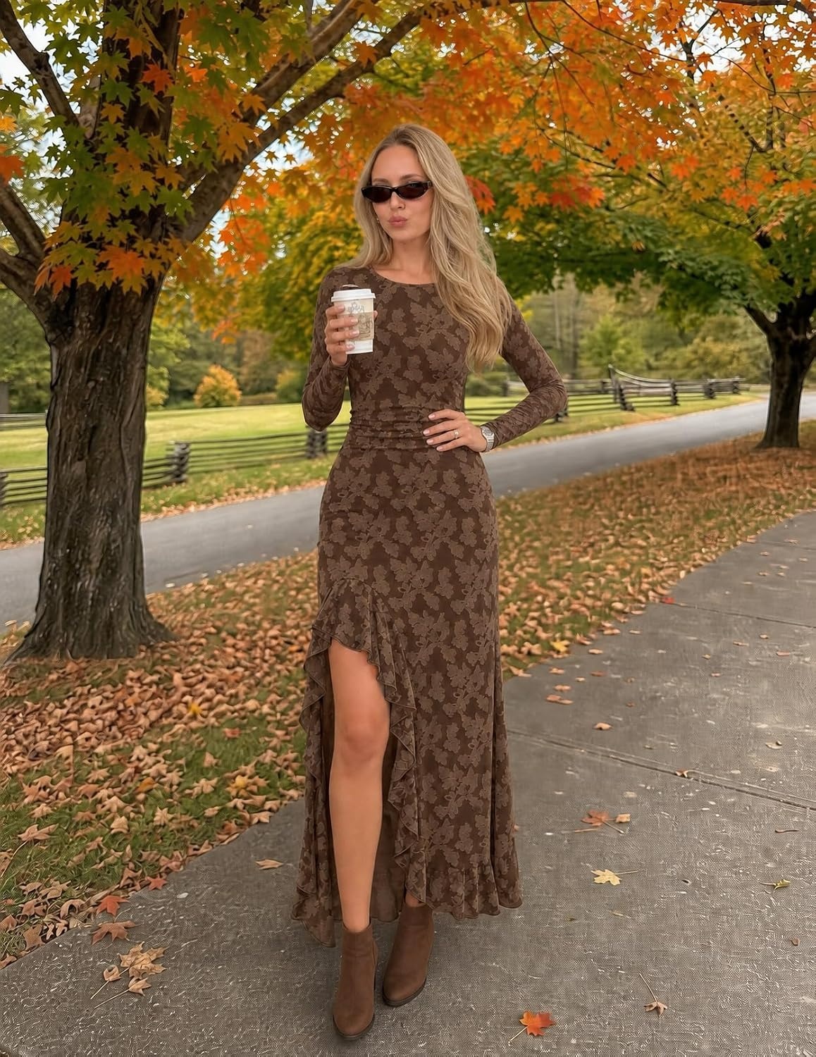 image:imageMEROKEETY Womens Fall Long Sleeve Wedding Guest Dress Formal Floral Ruffle Slit Ruched Bodycon Cocktail Party Maxi DressesBrown