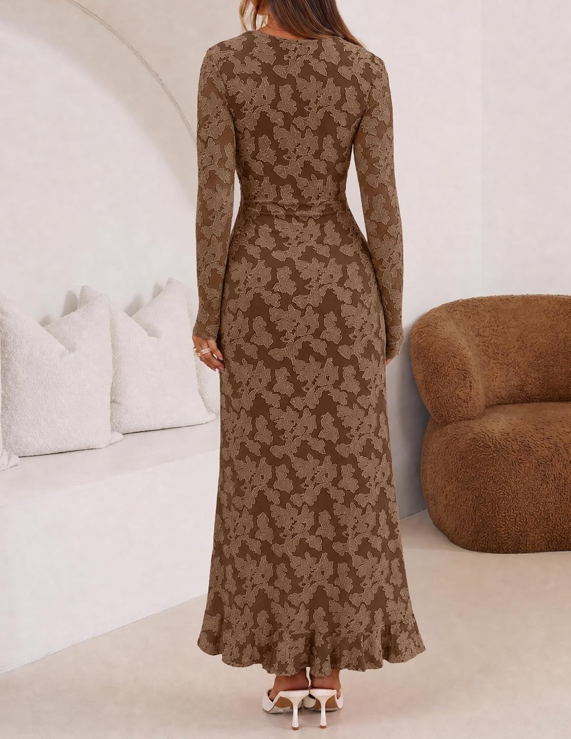 image:imageMEROKEETY Womens Fall Long Sleeve Wedding Guest Dress Formal Floral Ruffle Slit Ruched Bodycon Cocktail Party Maxi DressesBrown