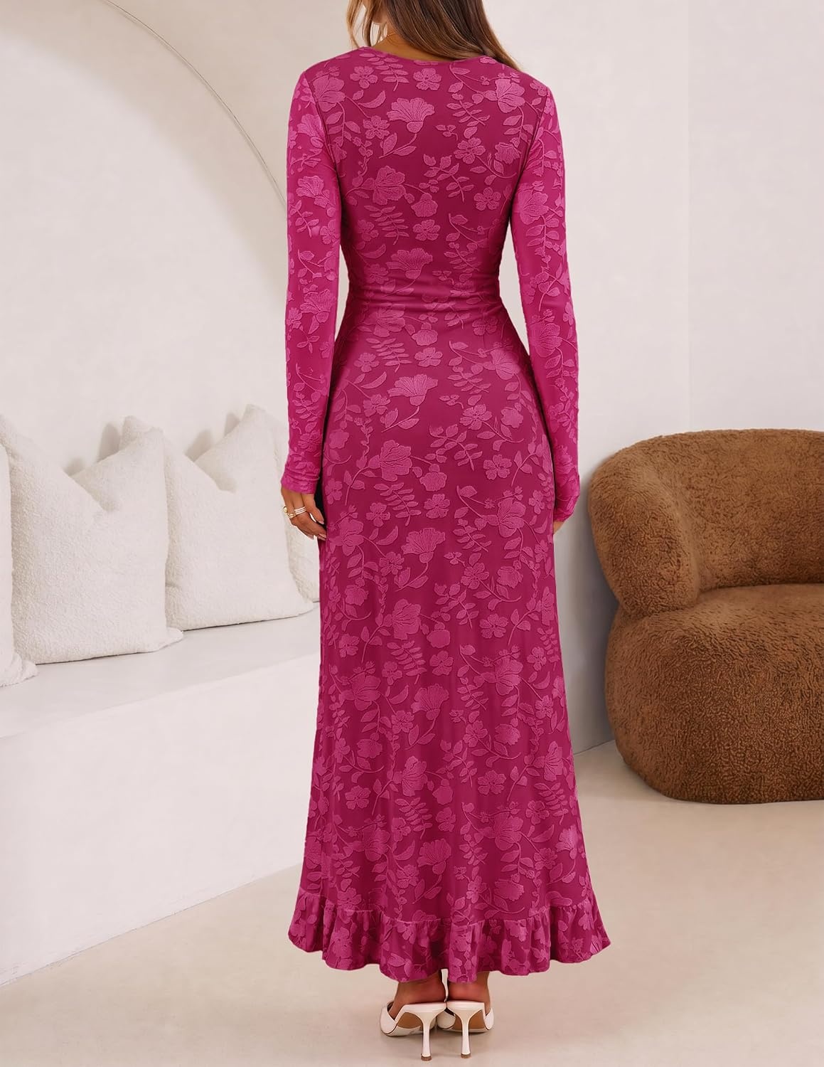 image:imageMEROKEETY Womens Fall Long Sleeve Wedding Guest Dress Formal Floral Ruffle Slit Ruched Bodycon Cocktail Party Maxi DressesFuchsia