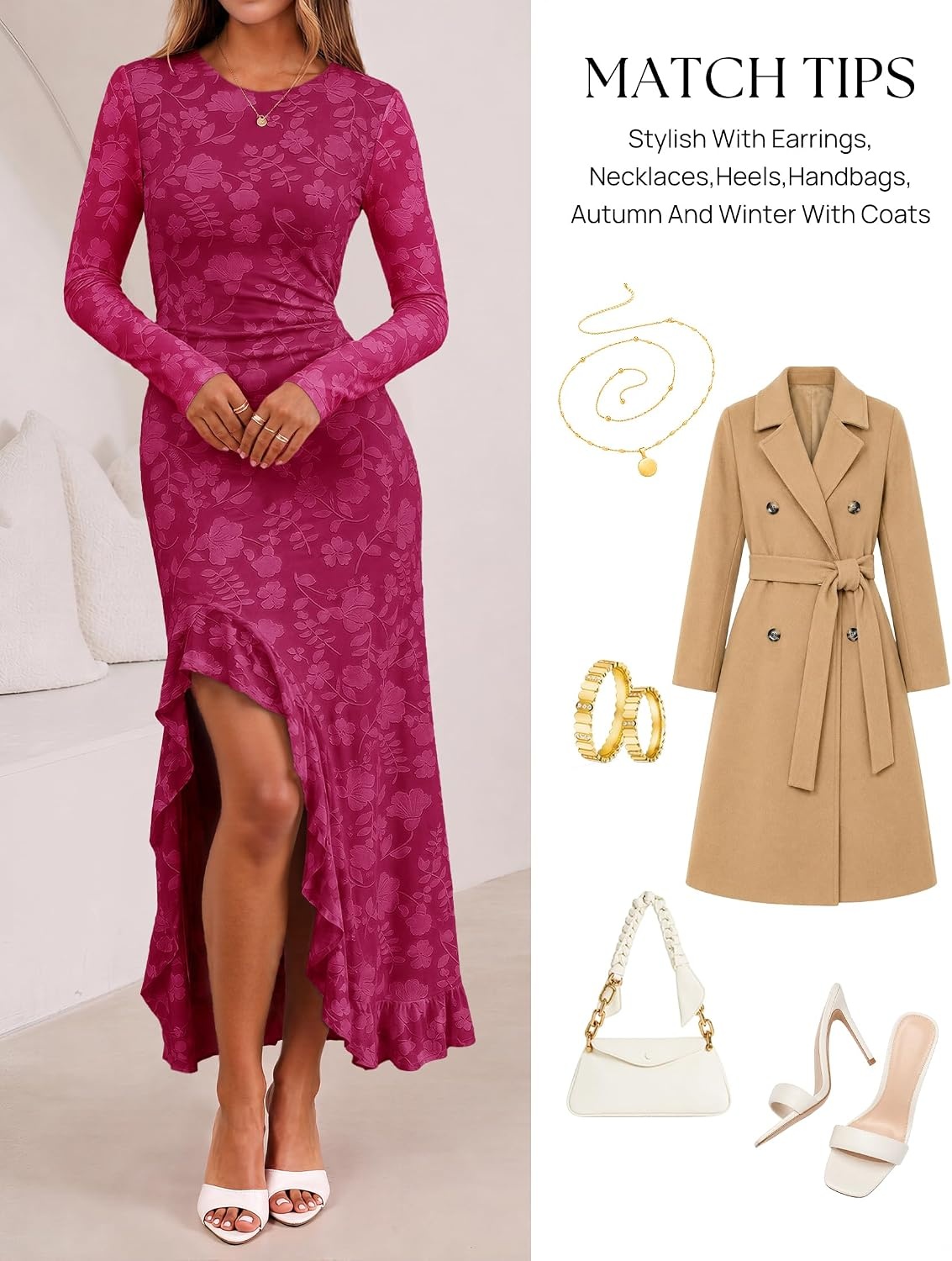 image:imageMEROKEETY Womens Fall Long Sleeve Wedding Guest Dress Formal Floral Ruffle Slit Ruched Bodycon Cocktail Party Maxi DressesFuchsia