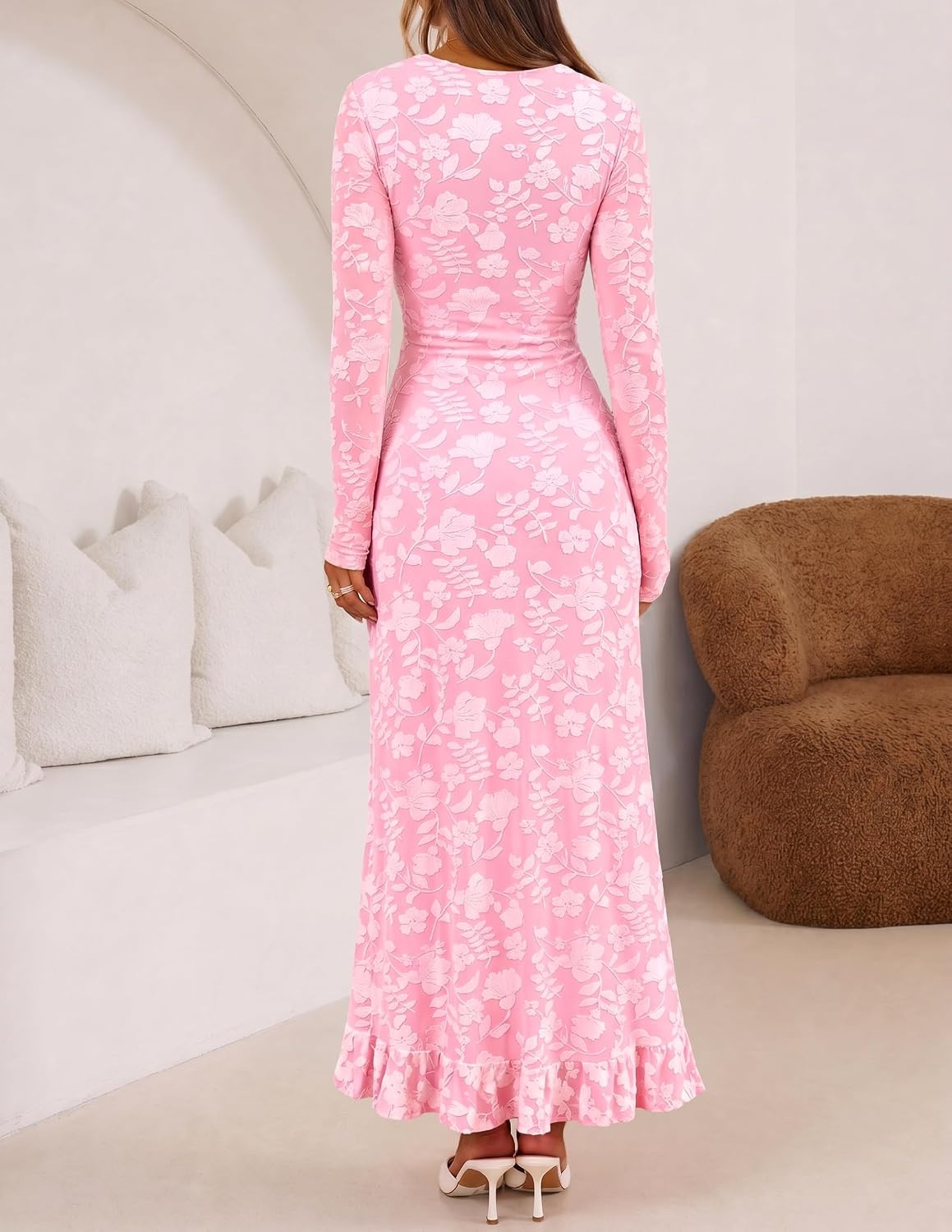 image:imageMEROKEETY Womens Fall Long Sleeve Wedding Guest Dress Formal Floral Ruffle Slit Ruched Bodycon Cocktail Party Maxi DressesPink