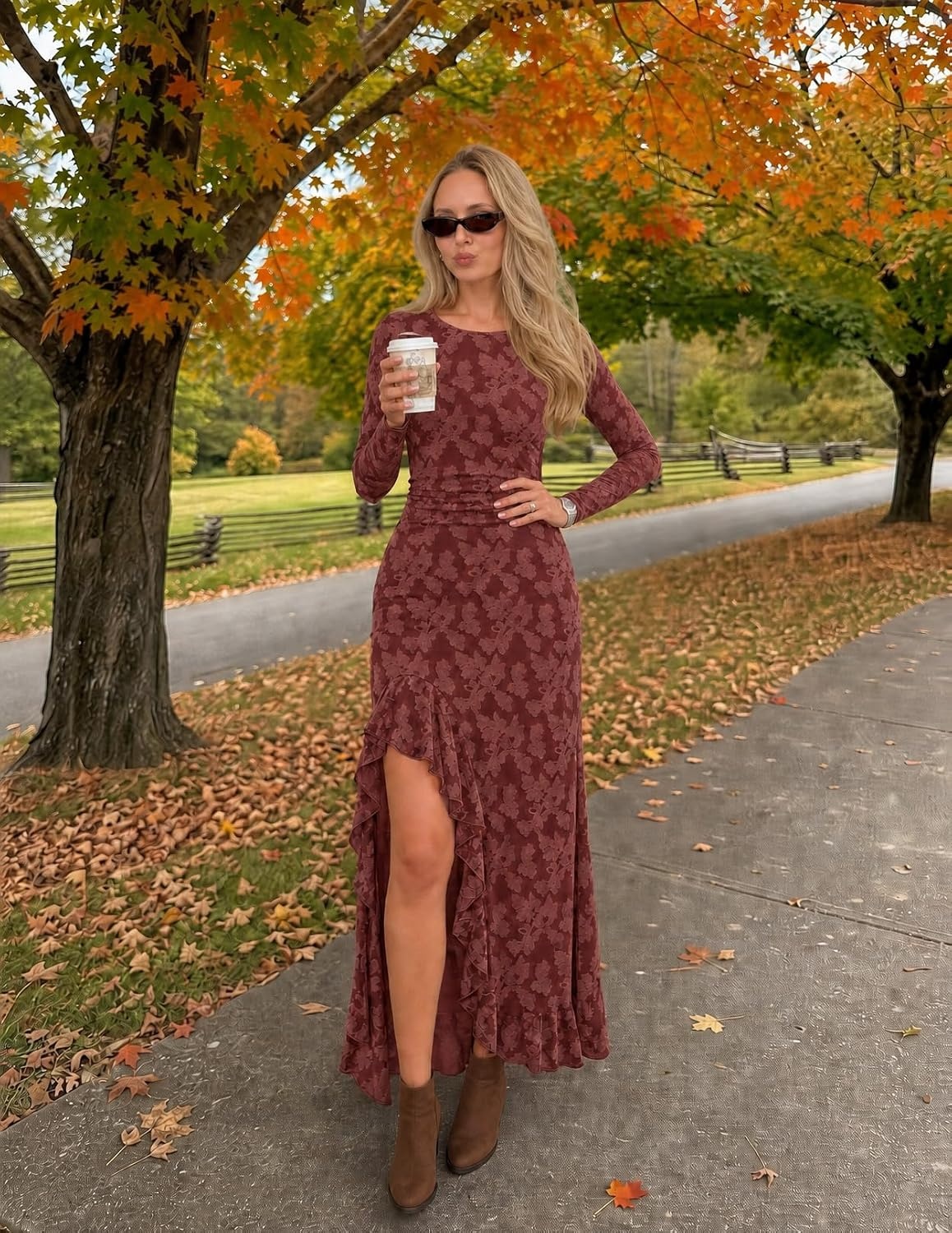 image:imageMEROKEETY Womens Fall Long Sleeve Wedding Guest Dress Formal Floral Ruffle Slit Ruched Bodycon Cocktail Party Maxi DressesWinered