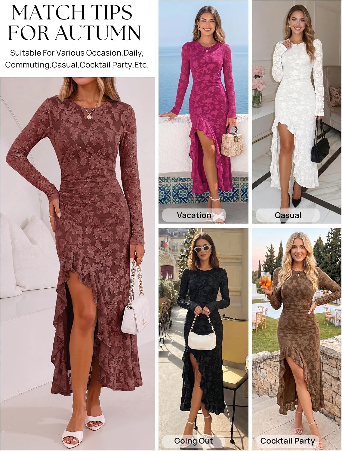 image:imageMEROKEETY Womens Fall Long Sleeve Wedding Guest Dress Formal Floral Ruffle Slit Ruched Bodycon Cocktail Party Maxi DressesWinered