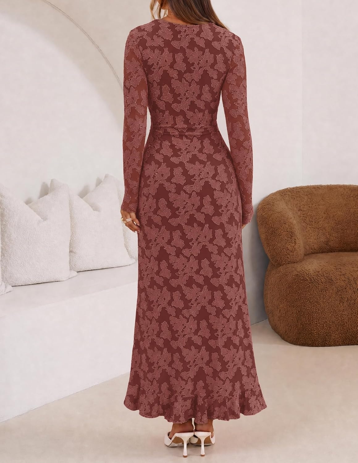 image:imageMEROKEETY Womens Fall Long Sleeve Wedding Guest Dress Formal Floral Ruffle Slit Ruched Bodycon Cocktail Party Maxi DressesWinered