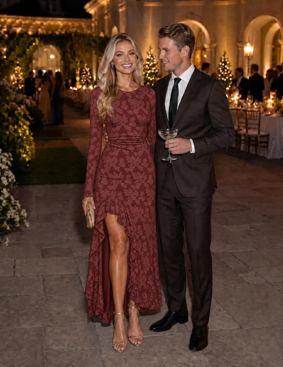 image:imageMEROKEETY Womens Fall Long Sleeve Wedding Guest Dress Formal Floral Ruffle Slit Ruched Bodycon Cocktail Party Maxi DressesWinered