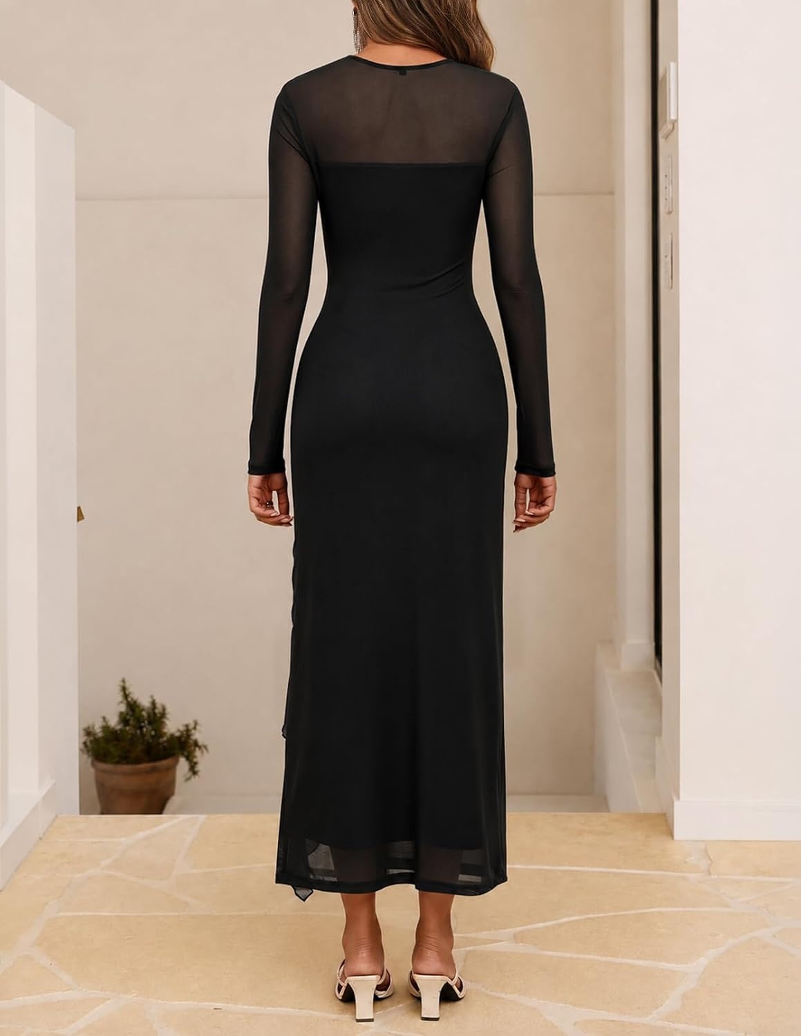 image:imageMEROKEETY Womens Fall Mesh Wedding Guest Cocktail Bodycon Slit Maxi Dress Sheer Long Sleeve Ruched Long Ruffle Side Slit Stretchy Lightweight Formal Elengant Sexy Party Baby Shower Prom HocoBlack