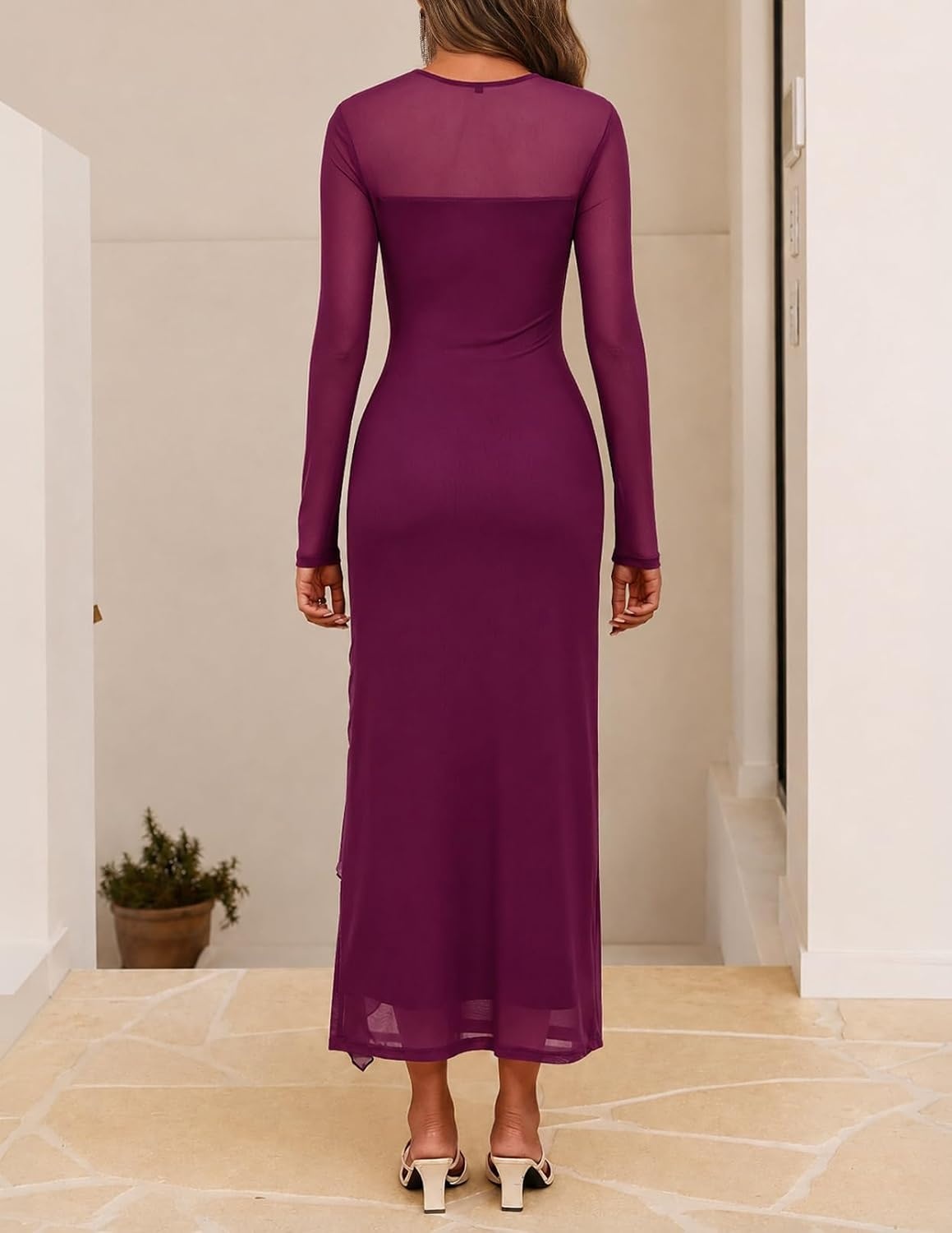 image:imageMEROKEETY Womens Fall Mesh Wedding Guest Cocktail Bodycon Slit Maxi Dress Sheer Long Sleeve Ruched Long Ruffle Side Slit Stretchy Lightweight Formal Elengant Sexy Party Baby Shower Prom HocoFuchsia