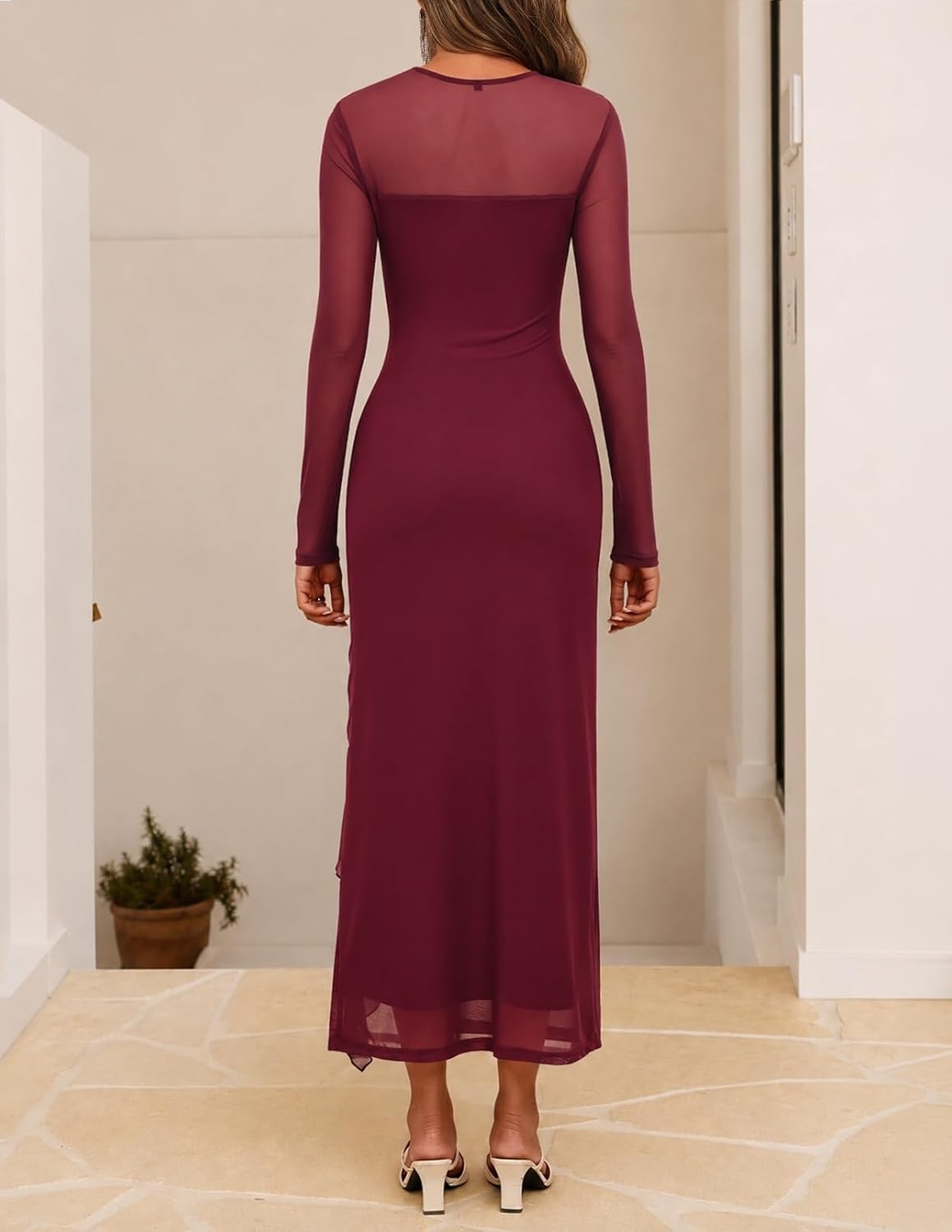 image:imageMEROKEETY Womens Fall Mesh Wedding Guest Cocktail Bodycon Slit Maxi Dress Sheer Long Sleeve Ruched Long Ruffle Side Slit Stretchy Lightweight Formal Elengant Sexy Party Baby Shower Prom HocoWine
