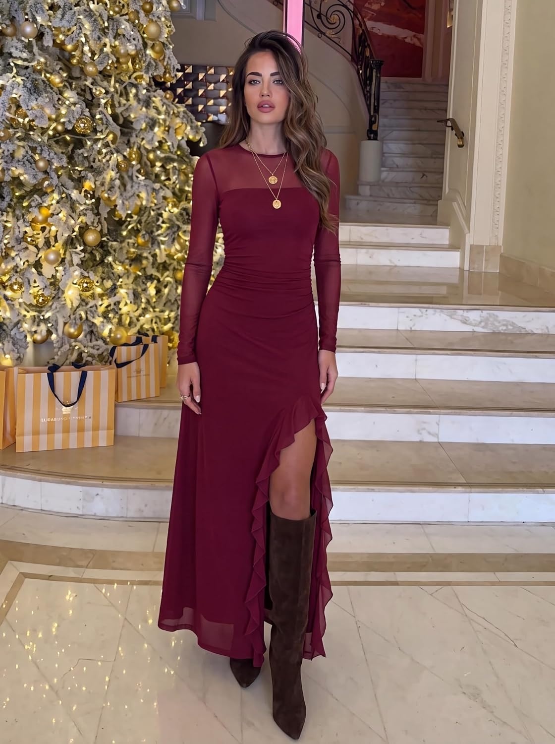 image:imageMEROKEETY Womens Fall Mesh Wedding Guest Cocktail Bodycon Slit Maxi Dress Sheer Long Sleeve Ruched Long Ruffle Side Slit Stretchy Lightweight Formal Elengant Sexy Party Baby Shower Prom HocoWine