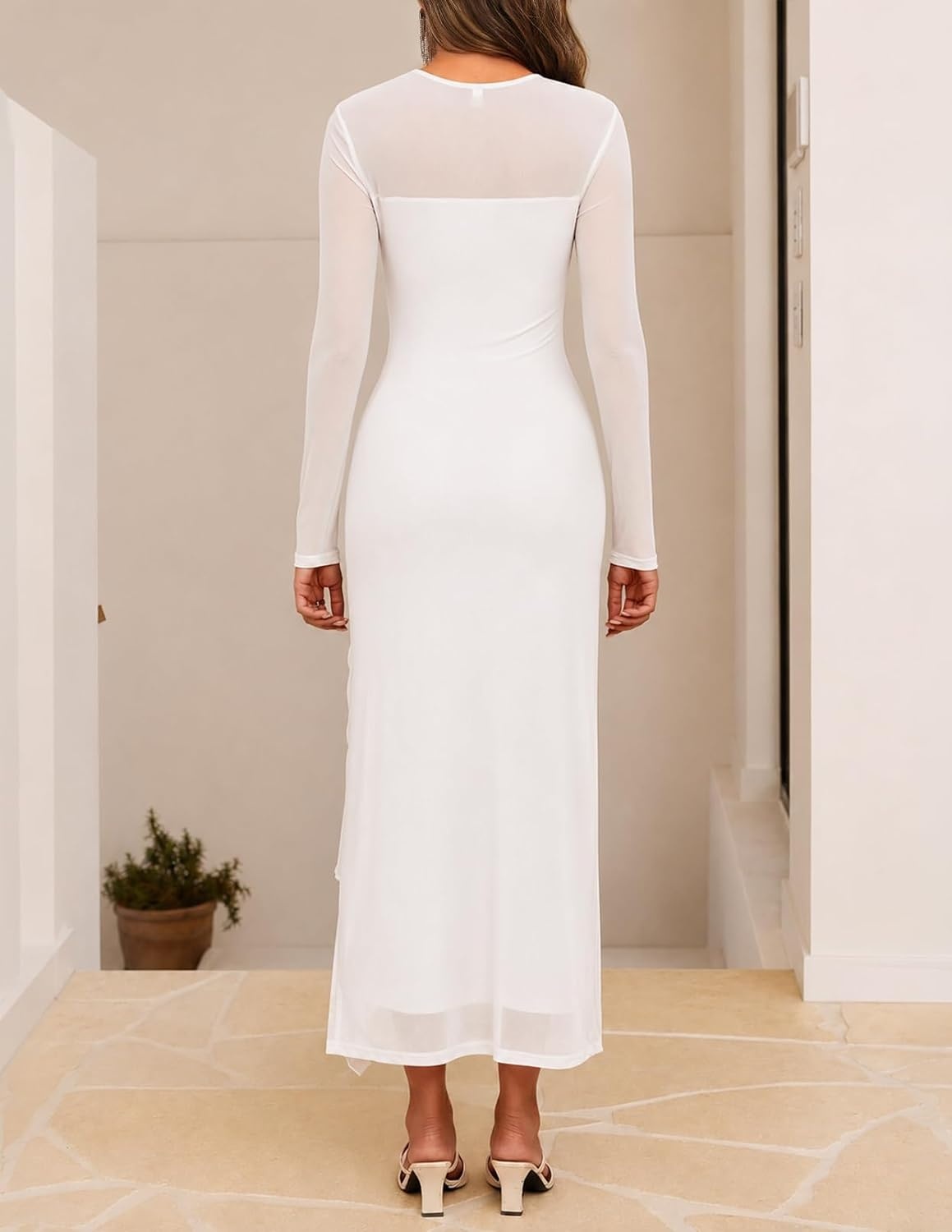 image:imageMEROKEETY Womens Fall Mesh Wedding Guest Cocktail Bodycon Slit Maxi Dress Sheer Long Sleeve Ruched Long Ruffle Side Slit Stretchy Lightweight Formal Elengant Sexy Party Baby Shower Prom HocoWhite