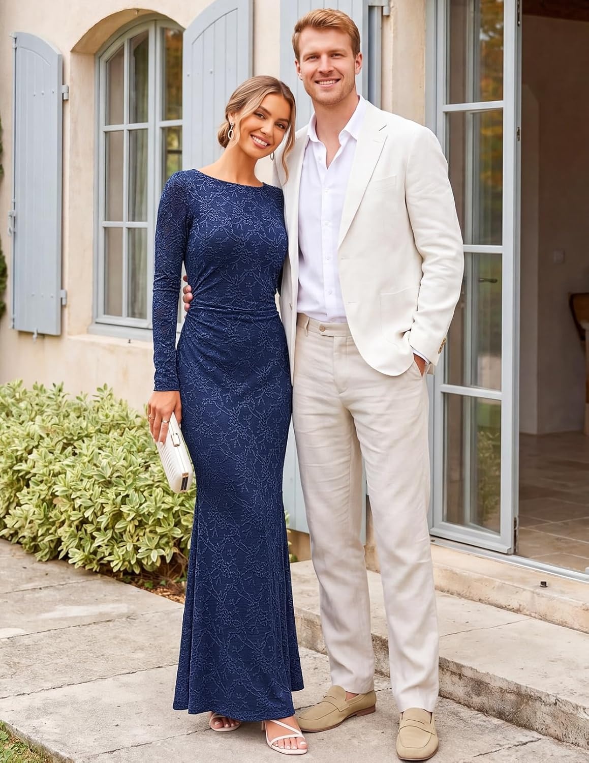 image:imageMEROKEETY Womens Fall Wedding Guest Bodycon Floral Maxi Dresses Long Sleeve Ruched Formal Elegant Cocktail Party Boat Neck Lace Jacquard Knit Mermaid Hem Sheer Sleeves Long DressNavy