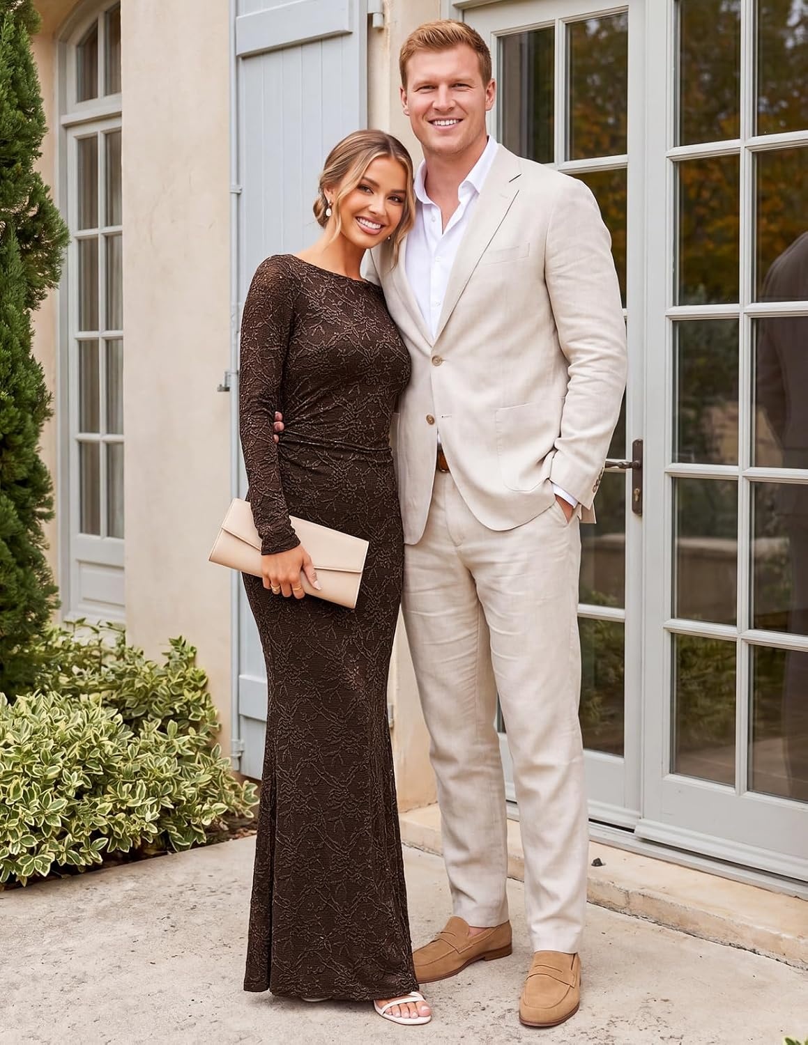 image:imageMEROKEETY Womens Fall Wedding Guest Bodycon Floral Maxi Dresses Long Sleeve Ruched Formal Elegant Cocktail Party Boat Neck Lace Jacquard Knit Mermaid Hem Sheer Sleeves Long DressCoffee
