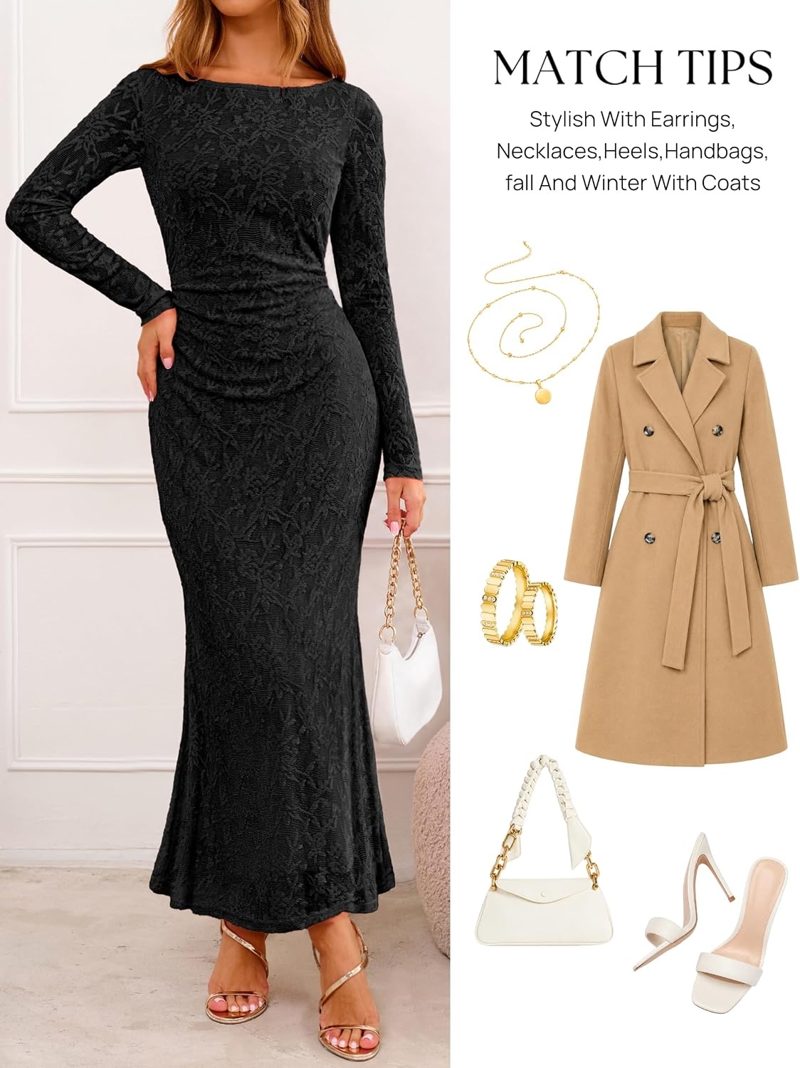 image:imageMEROKEETY Womens Fall Wedding Guest Bodycon Floral Maxi Dresses Long Sleeve Ruched Formal Elegant Cocktail Party Boat Neck Lace Jacquard Knit Mermaid Hem Sheer Sleeves Long DressBlack
