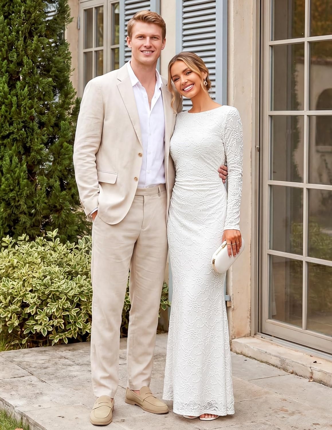 image:imageMEROKEETY Womens Fall Wedding Guest Bodycon Floral Maxi Dresses Long Sleeve Ruched Formal Elegant Cocktail Party Boat Neck Lace Jacquard Knit Mermaid Hem Sheer Sleeves Long DressWhite