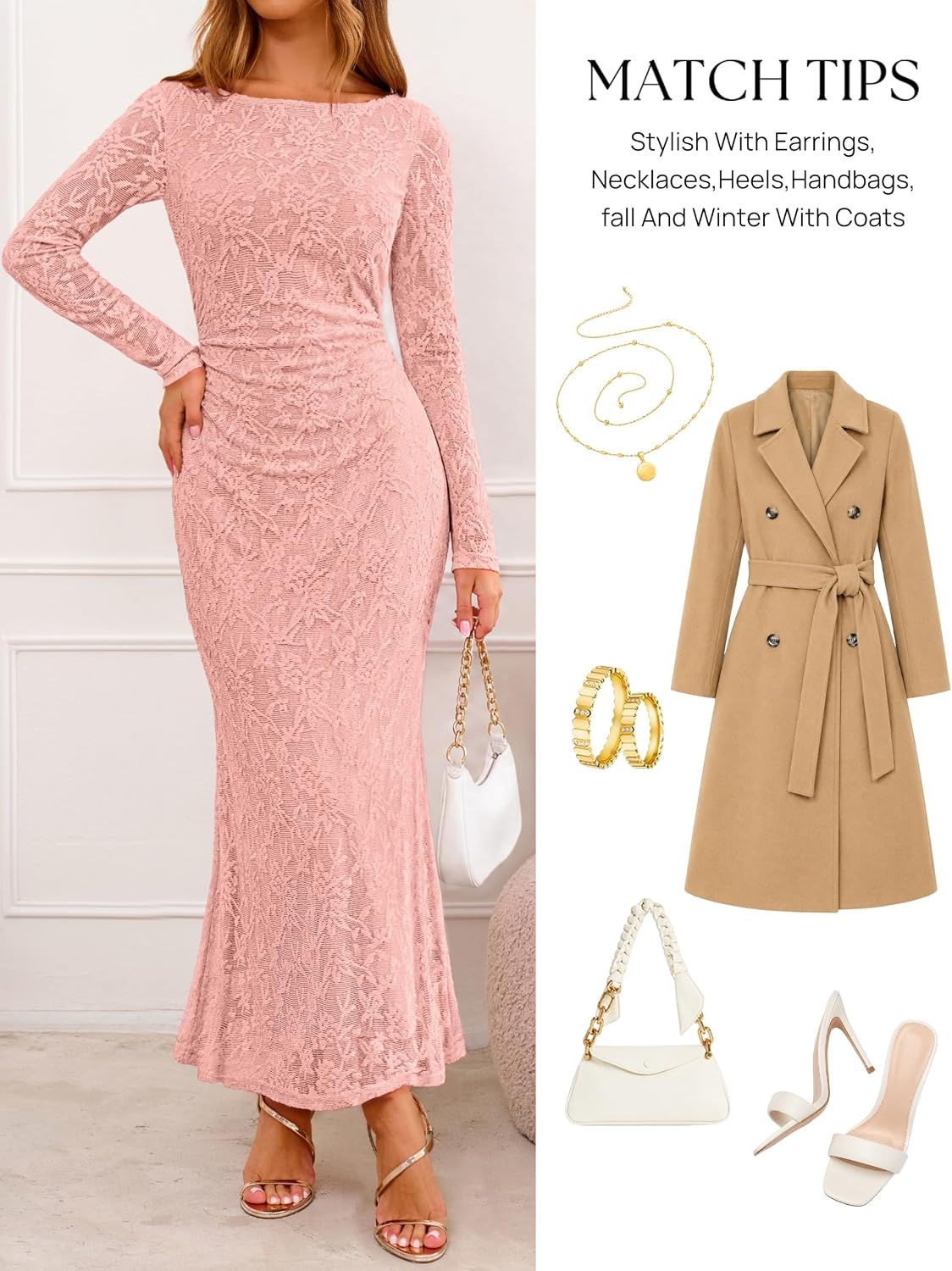 image:imageMEROKEETY Womens Fall Wedding Guest Bodycon Floral Maxi Dresses Long Sleeve Ruched Formal Elegant Cocktail Party Boat Neck Lace Jacquard Knit Mermaid Hem Sheer Sleeves Long DressPink