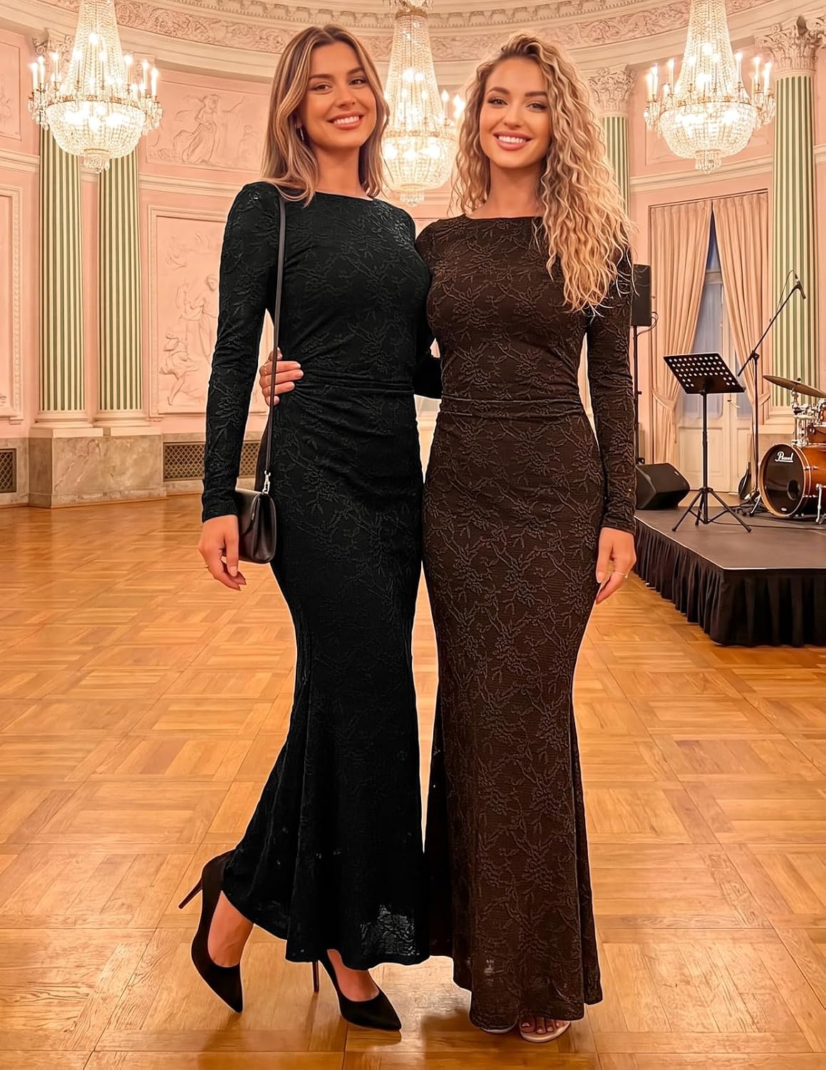 image:imageMEROKEETY Womens Fall Wedding Guest Bodycon Floral Maxi Dresses Long Sleeve Ruched Formal Elegant Cocktail Party Boat Neck Lace Jacquard Knit Mermaid Hem Sheer Sleeves Long DressBlack