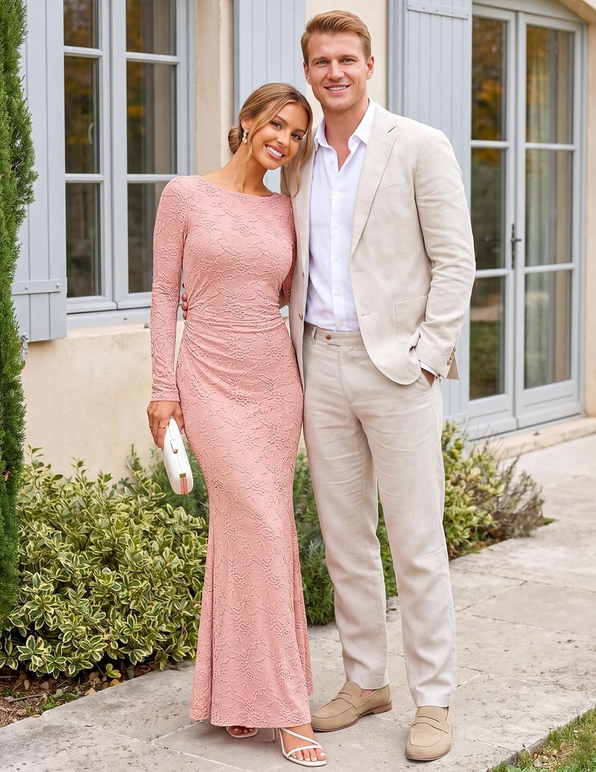 image:imageMEROKEETY Womens Fall Wedding Guest Bodycon Floral Maxi Dresses Long Sleeve Ruched Formal Elegant Cocktail Party Boat Neck Lace Jacquard Knit Mermaid Hem Sheer Sleeves Long DressPink
