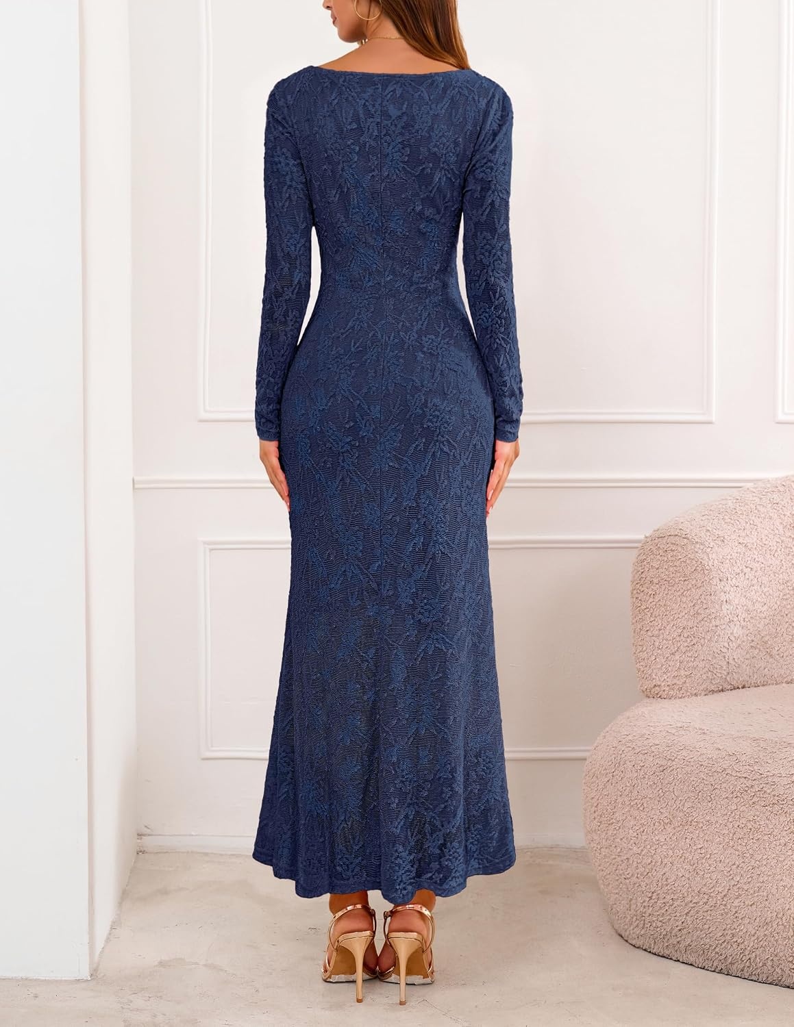 image:imageMEROKEETY Womens Fall Wedding Guest Bodycon Floral Maxi Dresses Long Sleeve Ruched Formal Elegant Cocktail Party Boat Neck Lace Jacquard Knit Mermaid Hem Sheer Sleeves Long DressNavy