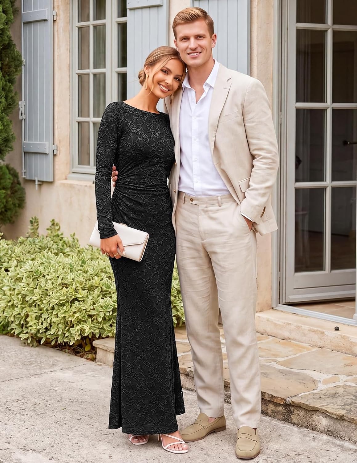 image:imageMEROKEETY Womens Fall Wedding Guest Bodycon Floral Maxi Dresses Long Sleeve Ruched Formal Elegant Cocktail Party Boat Neck Lace Jacquard Knit Mermaid Hem Sheer Sleeves Long DressBlack