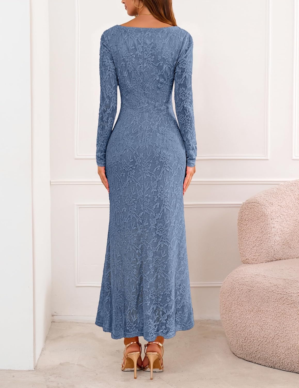 image:imageMEROKEETY Womens Fall Wedding Guest Bodycon Floral Maxi Dresses Long Sleeve Ruched Formal Elegant Cocktail Party Boat Neck Lace Jacquard Knit Mermaid Hem Sheer Sleeves Long DressBlue