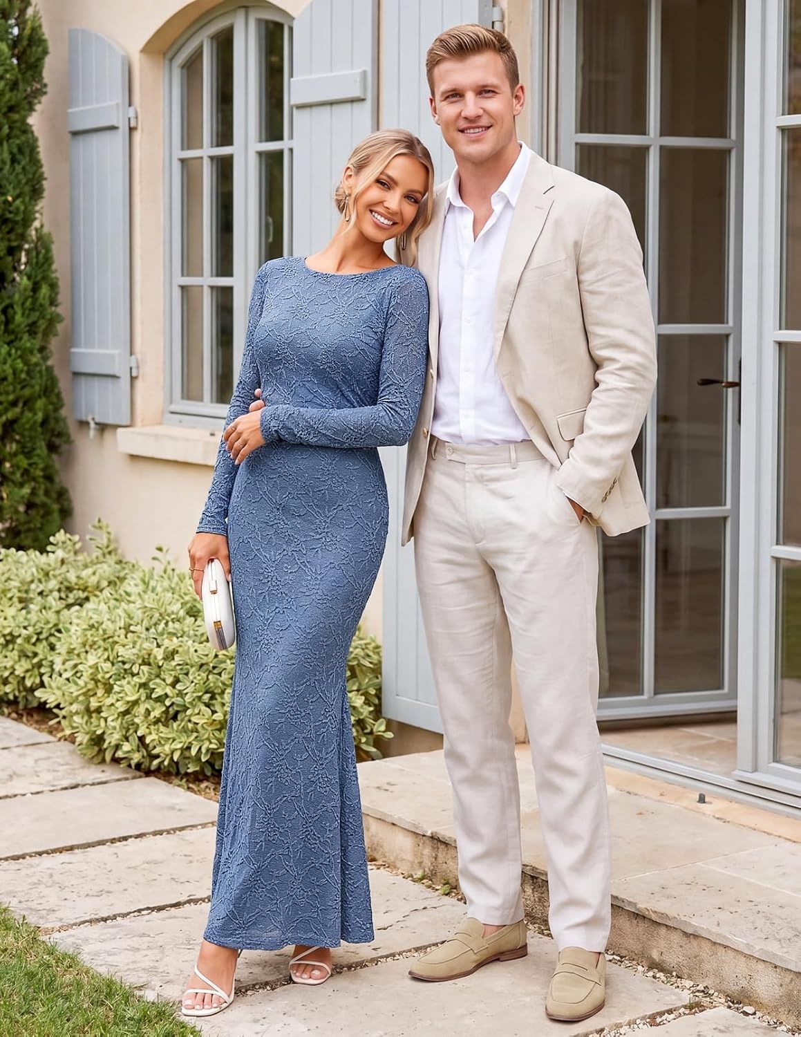 image:imageMEROKEETY Womens Fall Wedding Guest Bodycon Floral Maxi Dresses Long Sleeve Ruched Formal Elegant Cocktail Party Boat Neck Lace Jacquard Knit Mermaid Hem Sheer Sleeves Long DressBlue