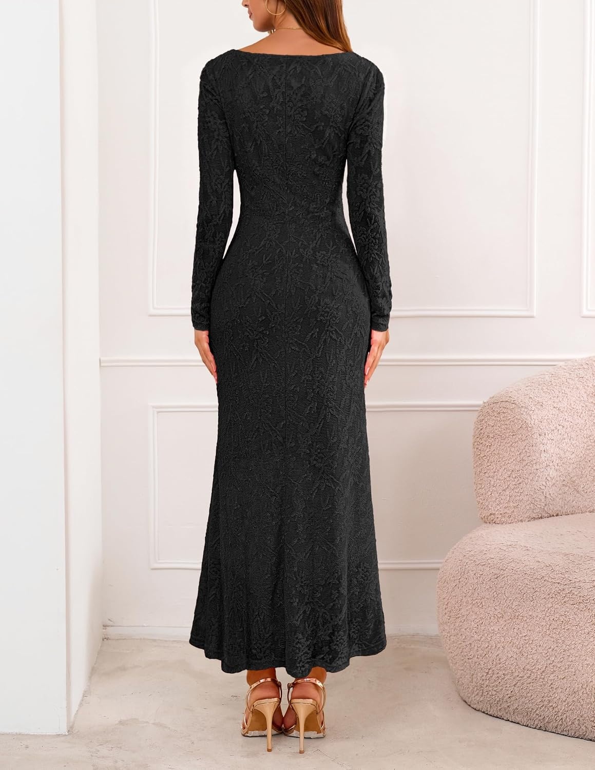 image:imageMEROKEETY Womens Fall Wedding Guest Bodycon Floral Maxi Dresses Long Sleeve Ruched Formal Elegant Cocktail Party Boat Neck Lace Jacquard Knit Mermaid Hem Sheer Sleeves Long DressBlack